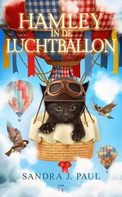 Hamley centraal staan met een zwarte kat in aviatorbril in een gevlochten mand van een roodwit geruit luchtballon