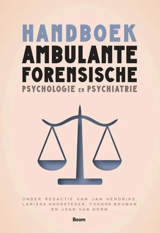 De handboek ambulante forensische psychologie en psychiatrie heeft een minimalistische blauwe weegschaal op een zachte perzikkleurige achtergrond