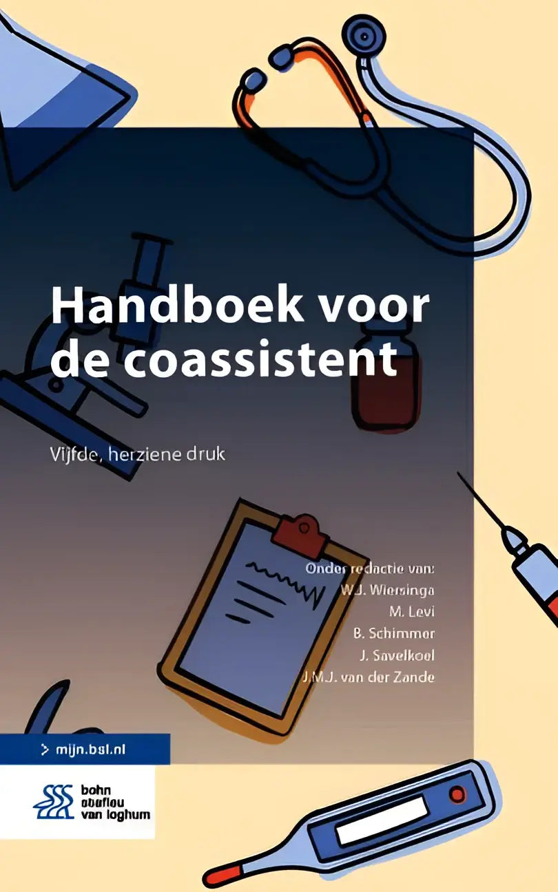 De cover van handboek voor de coassistent door bsl media toont medische instrumenten en behandelt algemene en specifiek onderwerp