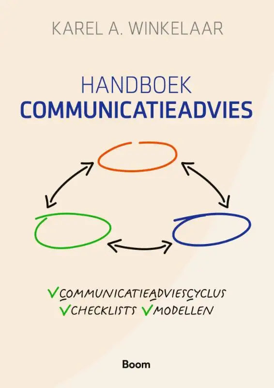 Handboek communicatieadvies vanaf 11 05 2026 met minimalistisch ontwerp en drie gekleurde cirkels oranje groen blauw