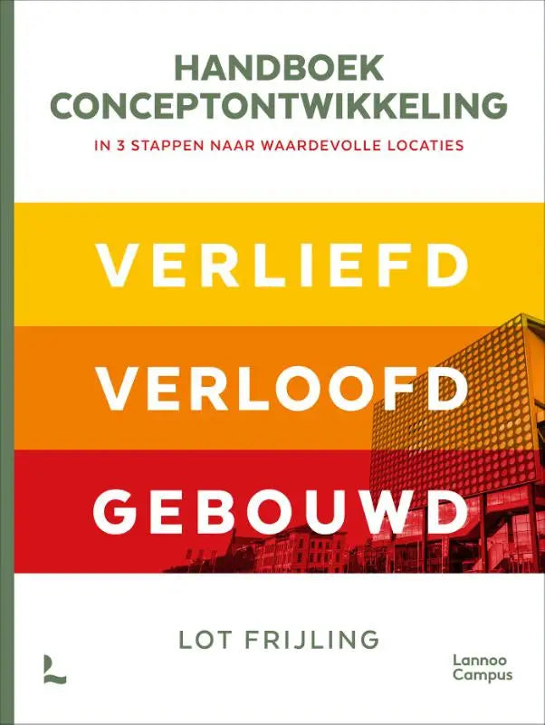 De cover van het handboek conceptontwikkeling toont witte tekst op gele, oranje en rode strepen met een modern gebouw en waardevolle locaties van lot frijling