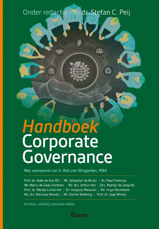 Groene handboek corporate governance met titel in oranje en wit en grafiek van handen met verbonden cirkel iconen rondom globe