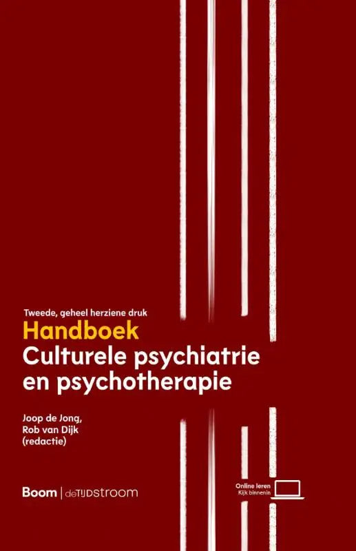 Rode boekomslag met witte verticale lijnen en gele tekst van handboek culturele psychiatrie en psychotherapie