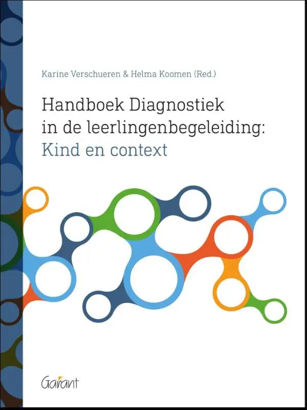 Handboek diagnostiek boekcover met abstract ontwerp van verbonden cirkels in blauw, groen, oranje en rood op witte achtergrond