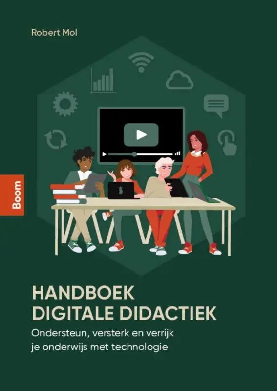 Donkergroene boekomslag handboek digitale didactiek van robert mol met illustratie van vier mensen rond tafel met laptops en tablets