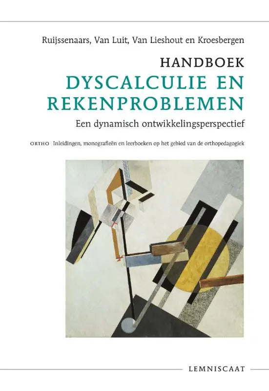 Het handboek dyscalculie en rekenproblemen heeft een cover met abstracte geometrische vormen in zwart wit en geel