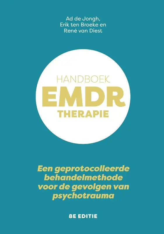Teal gekleurd boek handboek emdr-therapie met wit cirkelontwerp en gouden tekst voor therapeutisch gebruik