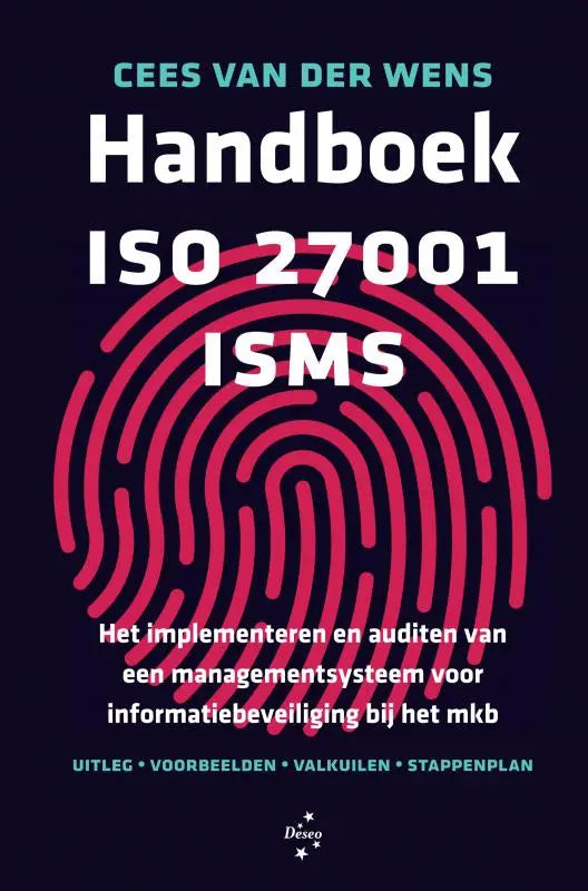 Donkerblauwe handboek iso 27001 isms met opvallende rode vingerafdruk en witte tekst voor informatiebeveiliging bij mkb