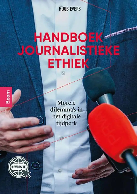 De cover van het handboek journalistieke ethiek toont rode tekst op een blauwe pakachtergrond met twee microfoons