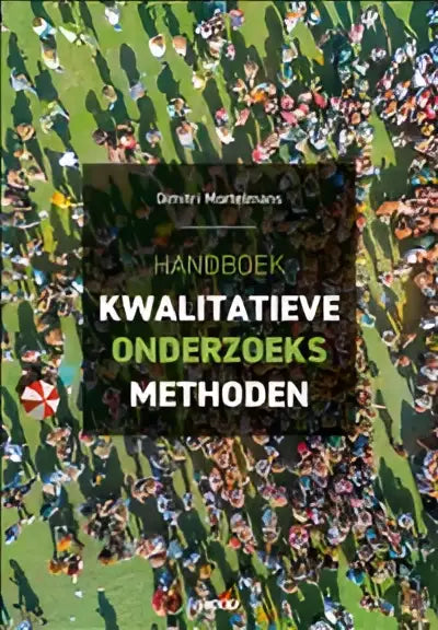 Het handboek kwalitatieve onderzoeksmethoden van gertjan mantelmann toont de titel in wit en groen op een donkere achtergrond