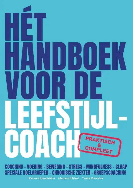Blauw-wit boek het handboek voor de leefstijlcoach van karine hoenderdos met praktische en complete medische handboeken label