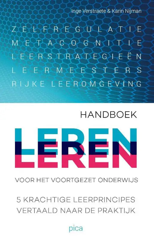 De voorkant van het handboek leren leren toont de titel leren in blauwe en roze gradient letters op een witte achtergrond