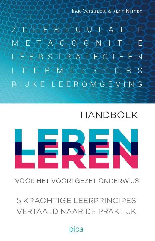 Het handboek leren leren voor het voortgezet onderwijs toont de titel leren in felle roze en blauwe kleuren op witte achtergrond