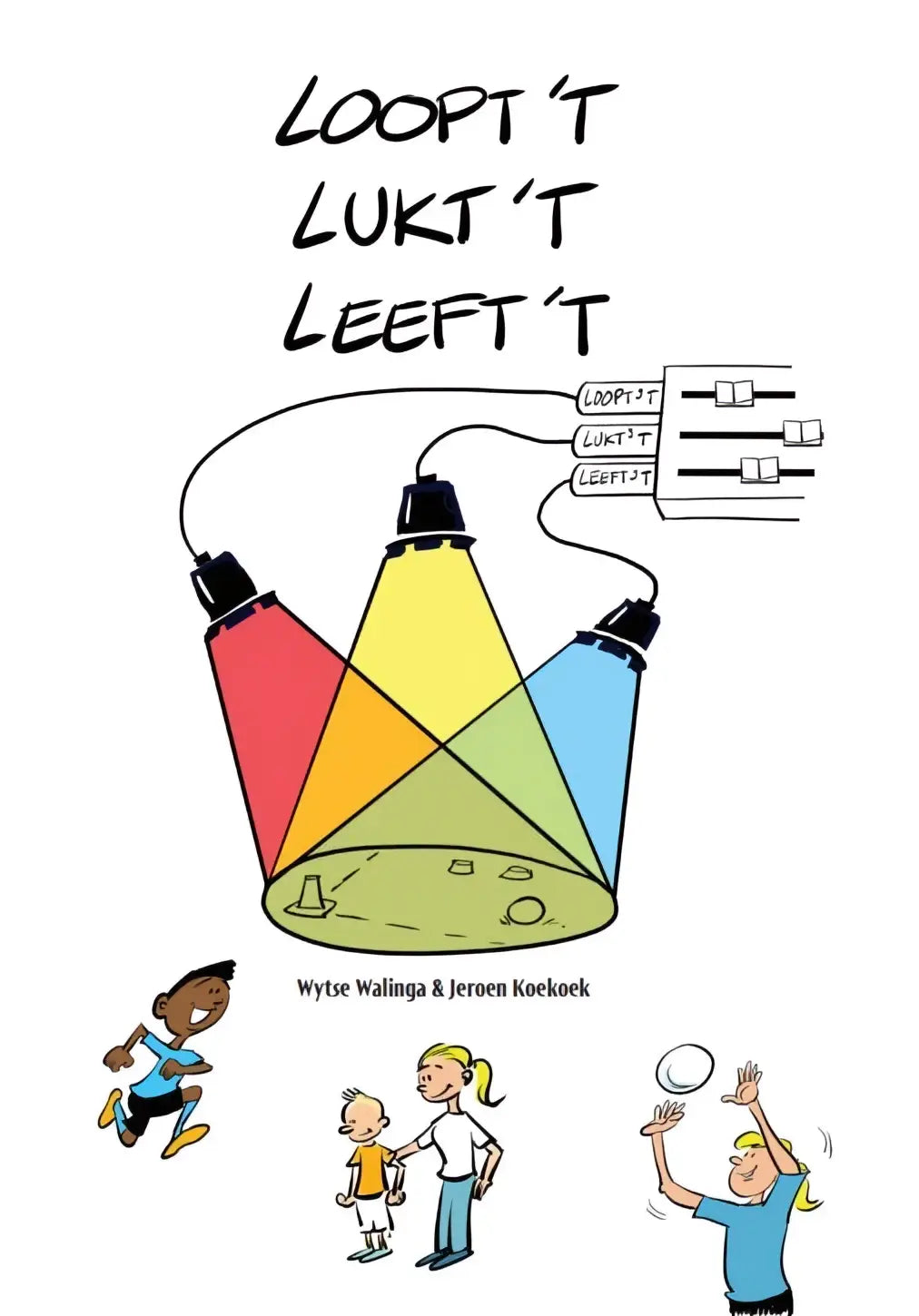 De cover van het handboek loopt’t toont een cartoonillustratie van drie kleurrijke spotlights met regenbooglicht op groen terrein