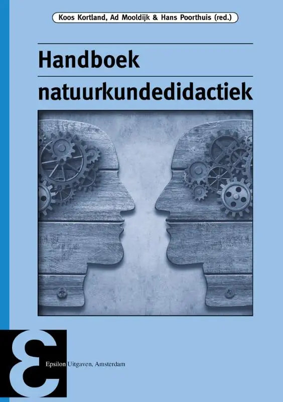 Blauw handboek natuurkundedidactiek met houten hoofdprofielen en tandwielen, uitgegeven door epsilon uitgaven