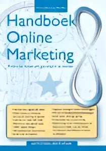 De cover van handboek online marketing 8 toont een minimalistisch ontwerp met witte tekst en blauwe steraccenten