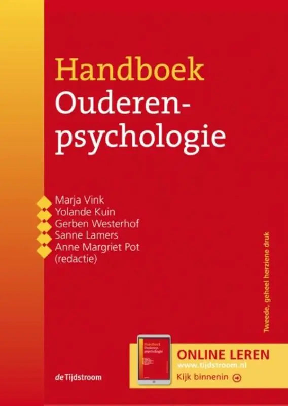 Rood handboek ouderenpsychologie hardcover met gele en witte tekst uitgegeven door koninklijke boom uitgevers