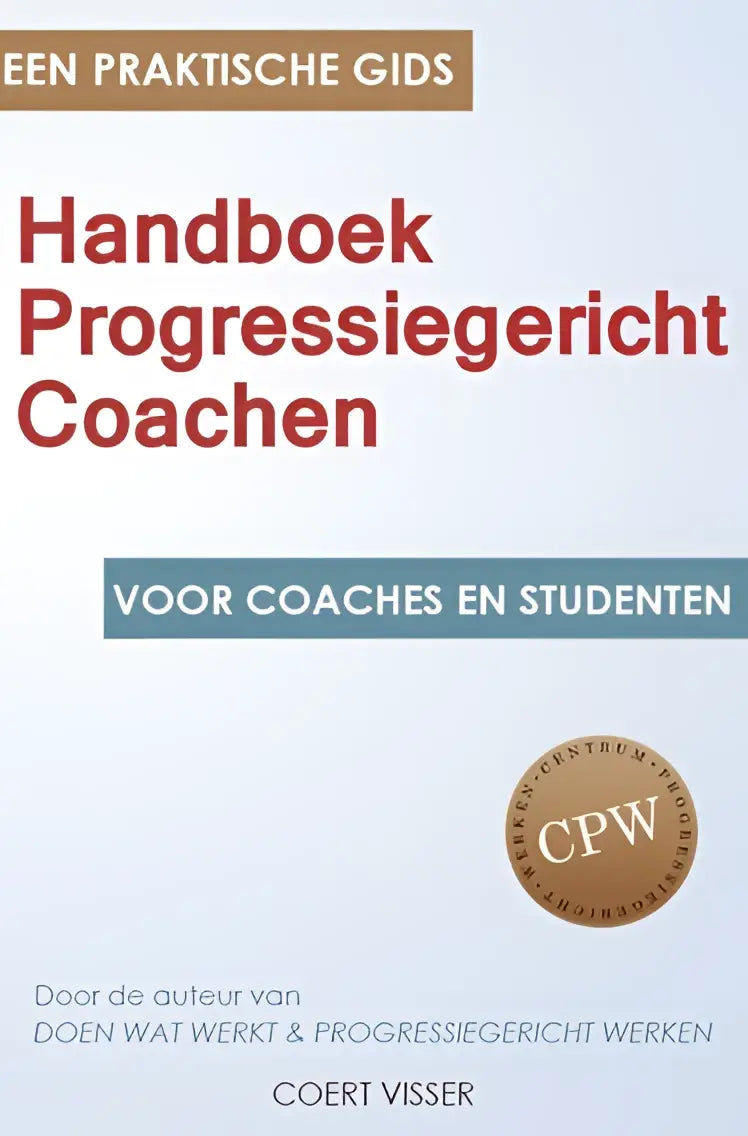 Beige boekcover met rode en blauwe tekst van handboek progressiegericht coachen door coert visser