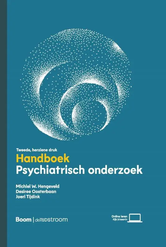Teal hardcover handboek psychiatrisch onderzoek with white dotted spiral design for psychiatrisch onderzoek use
