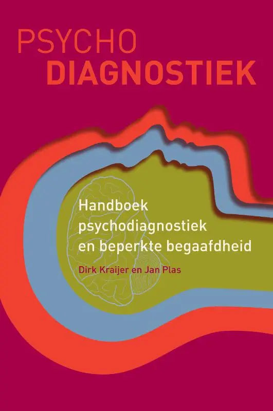 Het boek handboek psychodiagnostiek en beperkte begaafdheid met oranje tekst en een illustratie van een brein