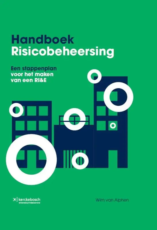 Handboek risicobeheersing met groene omslag en minimalistische gebouwenillustraties in witte en marineblauwe letters van vrije uitgevers