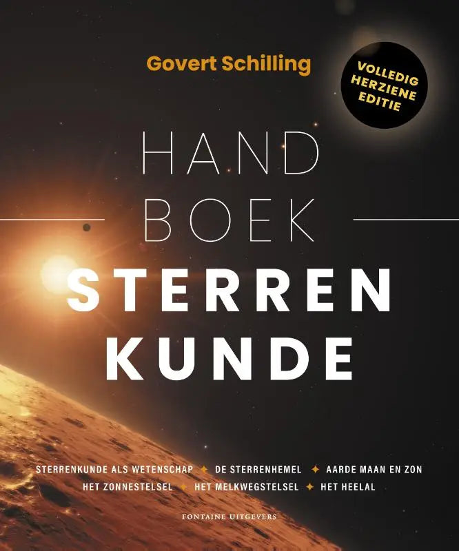 Het handboek sterrenkunde van govert schilling toont witte tekst op een donker ruimte-thema met zon en oppervlak, park uitgevers