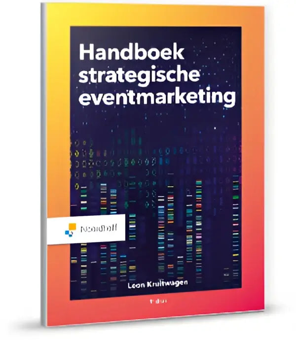 Handboek strategische eventmarketing hardcover met gele naar oranje verloopcover en witte tekst over digitale data