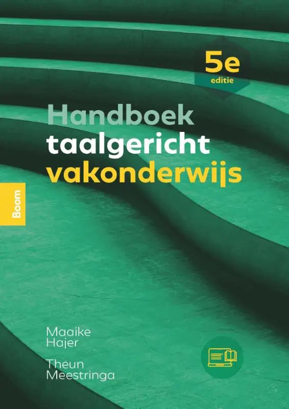 Groen textuurde boekomslag van handboek taalgericht vakonderwijs met witte en gele tekst en oranje boom-label