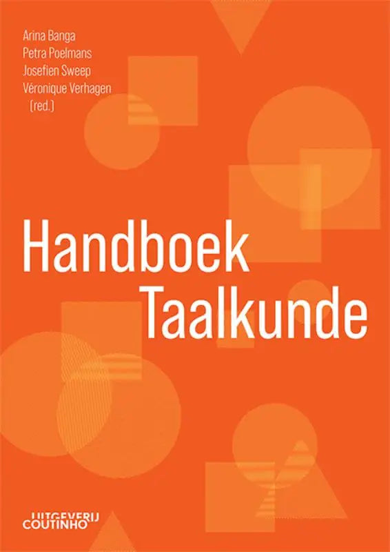 Handboek taalkunde: oranje kaft met witte tekst en doorschijnende geometrische vormen