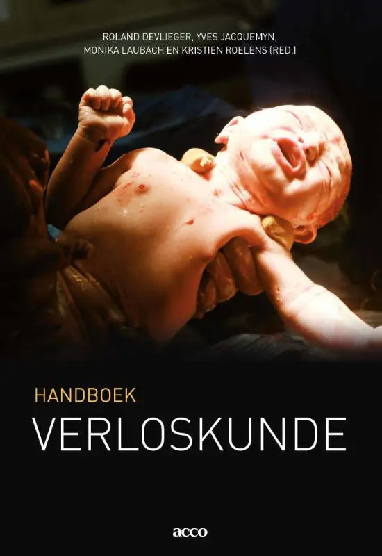 De cover van handboek verloskunde van acco uitgeverij toont een realistische foto van een pasgeboren baby voor medische handboeken