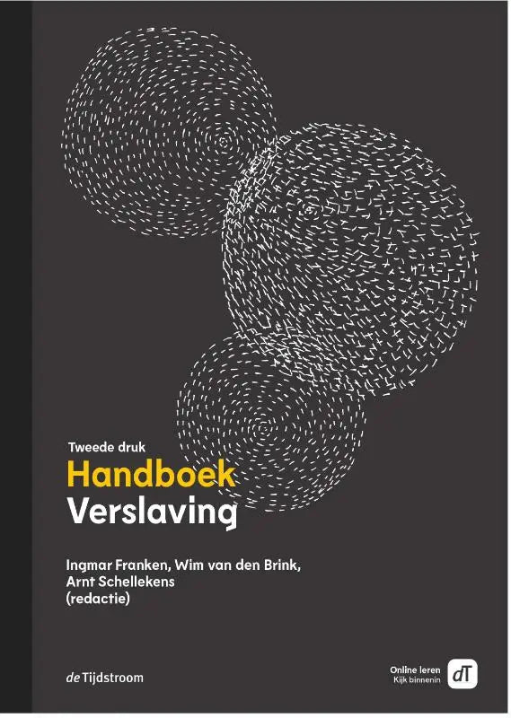 Donkergrijs boekcover met abstracte witte gestippelde bollen en gele tekst voor handboek verslaving van koninklijke boom uitgevers