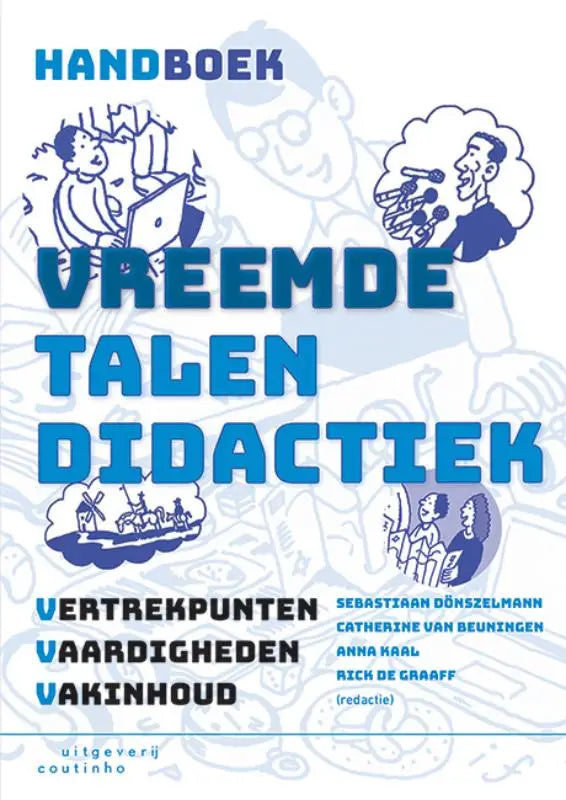 Blauw-witte geïllustreerde kaft Handboek vreemdetalendidactiek van Dönszelmann e.a