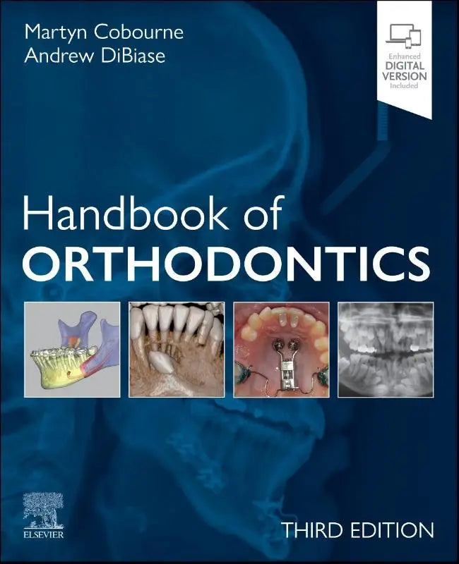 Blauw hardcover boek de handbook of orthodontics derde editie door martyn cobourne en andrew dibiase biedt een beknopte gids