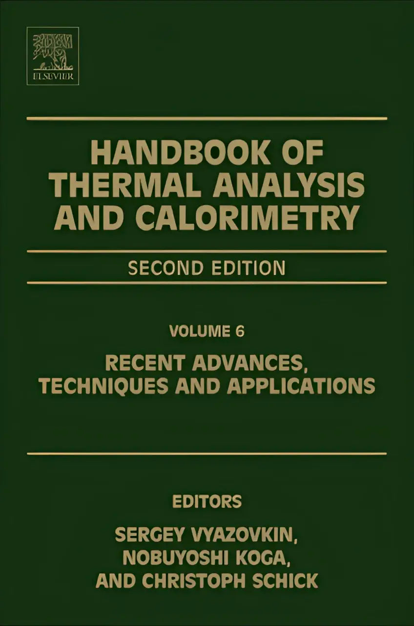 Donkergroen gebonden handboek met gouden letters over thermal analysis and calorimetry tweede editie volume 6
