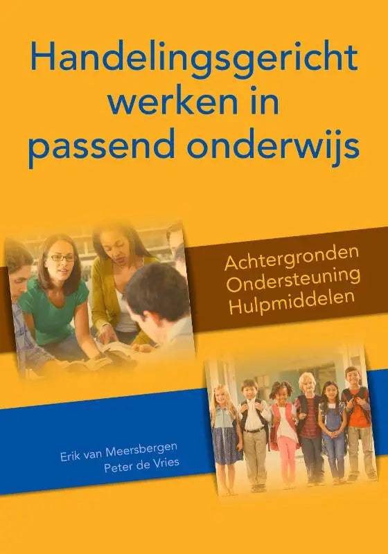 De omslag van het boek handelingsgericht werken in passend onderwijs toont blauwe tekst en foto-inzetstukken van onderwijsprofessionals, uitgegeven door perspectief uitgevers