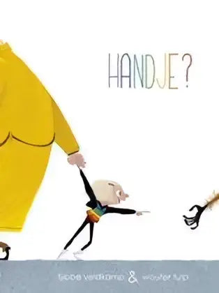 Gestileerde illustratie van een kind in zwart met regenboogstrepen vastgehouden door een grote gele figuur bij handje, tjibbe veldkamp