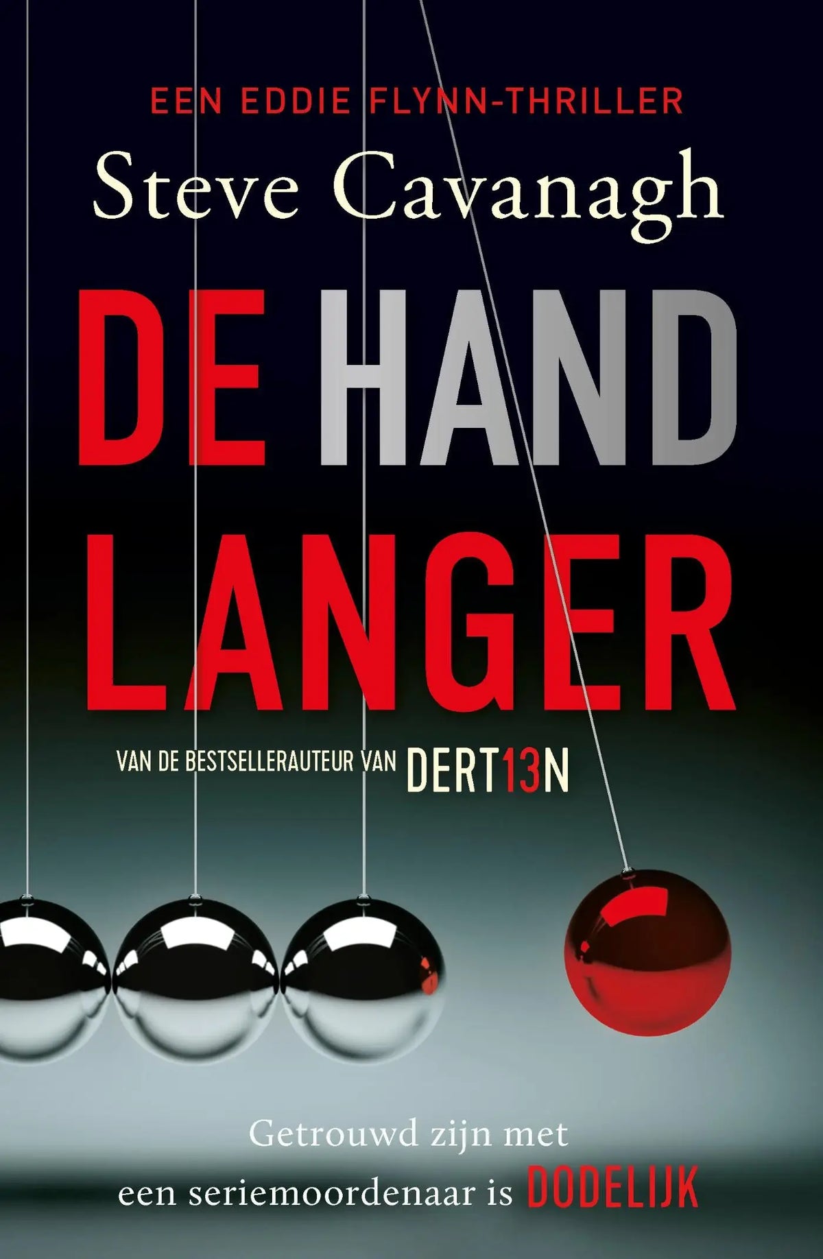 Rode en zilveren newtons cradle boekcover met metallic slingerontwerp van de handlanger door steve cavanagh uitgever luitingh sijthoff