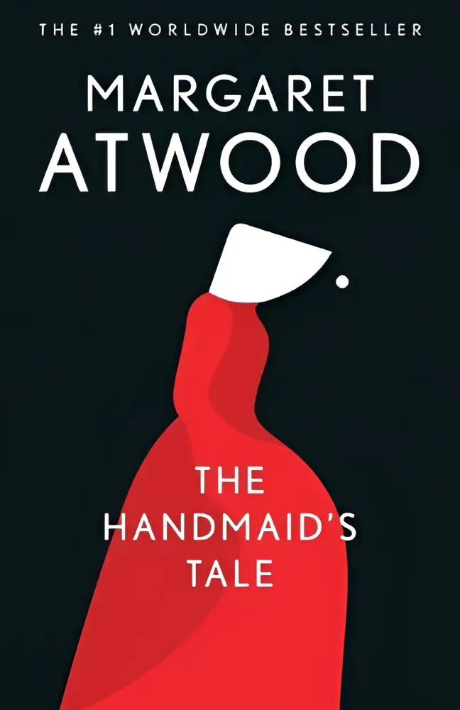 De cover van het boek handmaid’s tale toont een rode silhouet van een figuur met een witte kap tegen een zwarte achtergrond