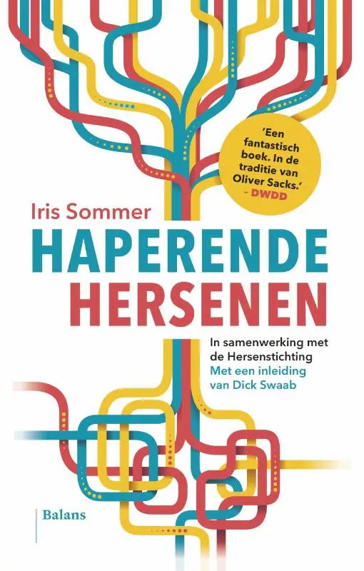 De boekcover van Haperende hersenen door Iris Sommer toont een kleurrijke abstracte boom op een witte achtergrond