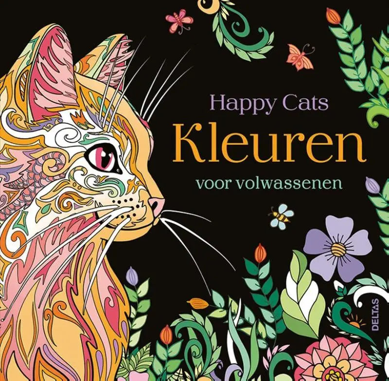 Happy cats kleurenboek met een levendig en gedetailleerd patroon van een deltas chantecler kat in roze, oranje, groen en goud