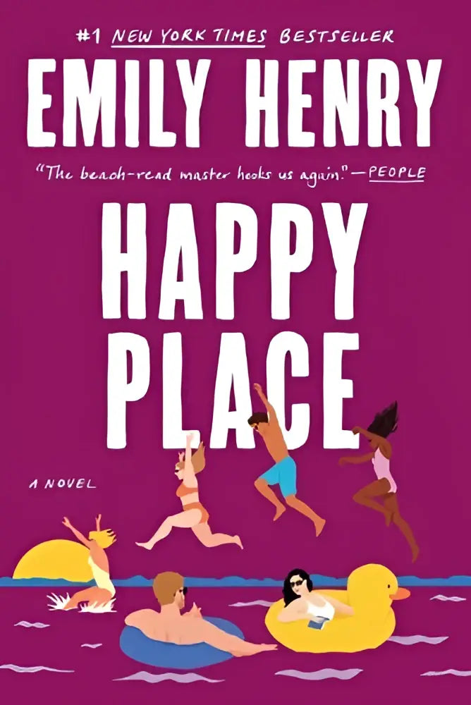 Vibrante magenta boekomslag van happy place door emily henry met speelse illustraties van mensen op het strand