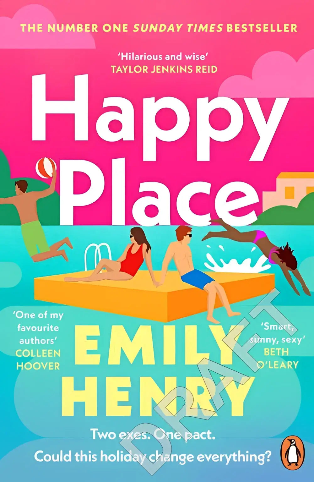De levendige roze en turquoise cover van het boek happy place van emily henry toont illustraties van personages bij een zonnig zwembad
