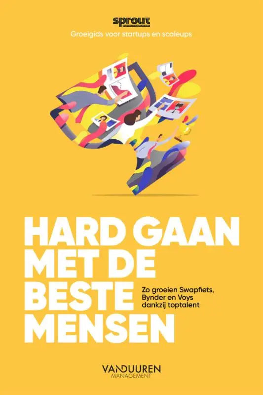 Vibrante illustratie van abstracte mensen in dynamische poses op gele achtergrond voor hard gaan en groeien swapfiets
