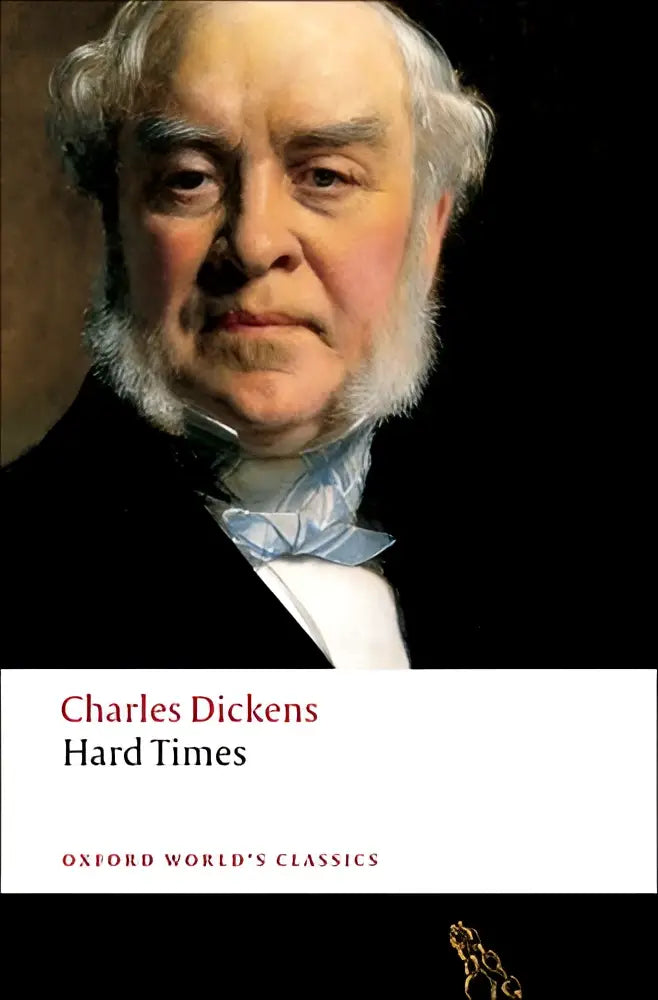 De boekomslag toont een klassieke zwart-witportret van charles dickens met de titel hard times, dickens’s kortste roman