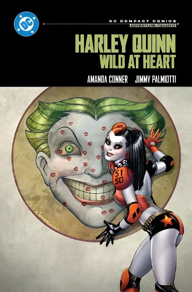 Harley quinn wild at heart dc compact comics edition met gestileerde illustratie in oranje en zwart kostuum en groene haren