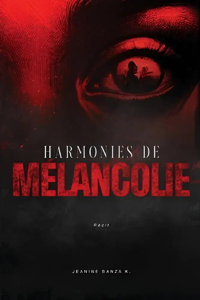 Rood en zwart boekomslag met een gestileerd oog en een silhouet binnen, getiteld Harmonies de Mélancolie door Jeanine Banza K