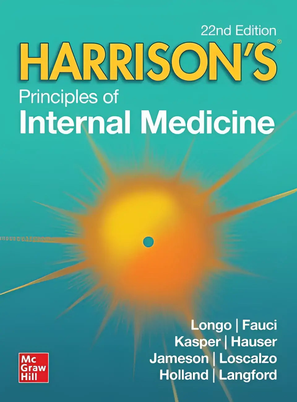 Harrison’s principles of internal medicine 22nd edition textbook with vibrant sunburst design on teal background for clinical medicine