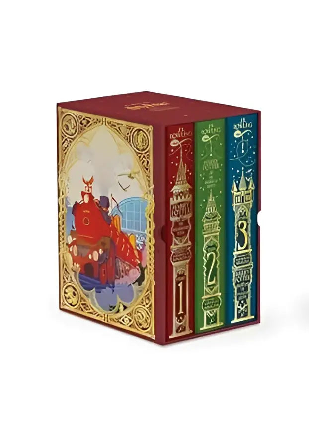 Het harry potter 1-3 minalima edition illustrated boxset bevat drie boeken in een rood goudversierd etui