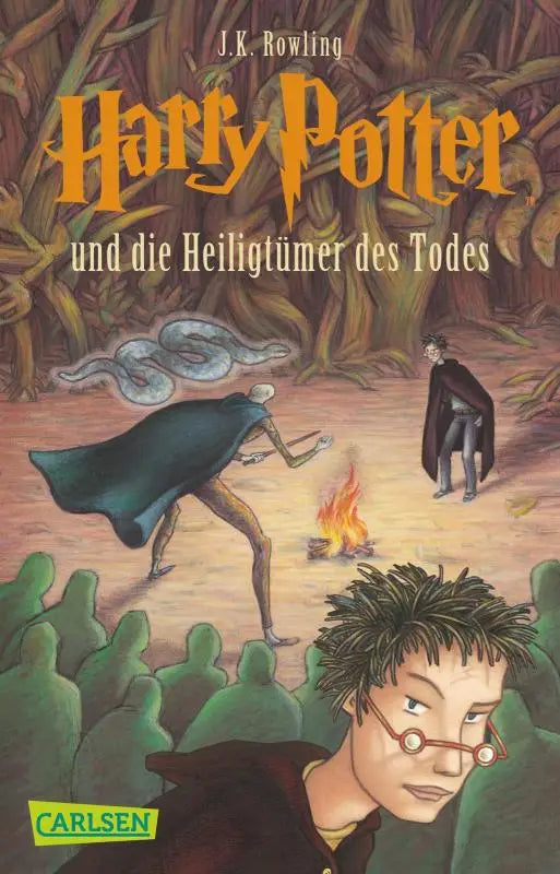De kaft van de duitse editie van harry potter 7 und die heiligtümer des todes toont een geïllustreerde bosscène met personages