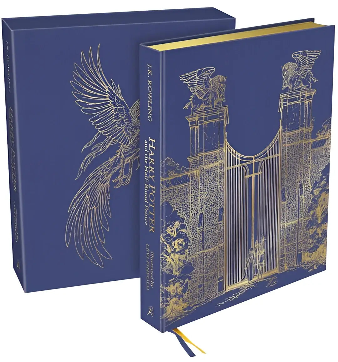 Diepblauwe hardback van harry potter and the half-blood prince met goudopdruk van hogwarts poorten en feniks in spectaculaire deluxe slipcase-editie